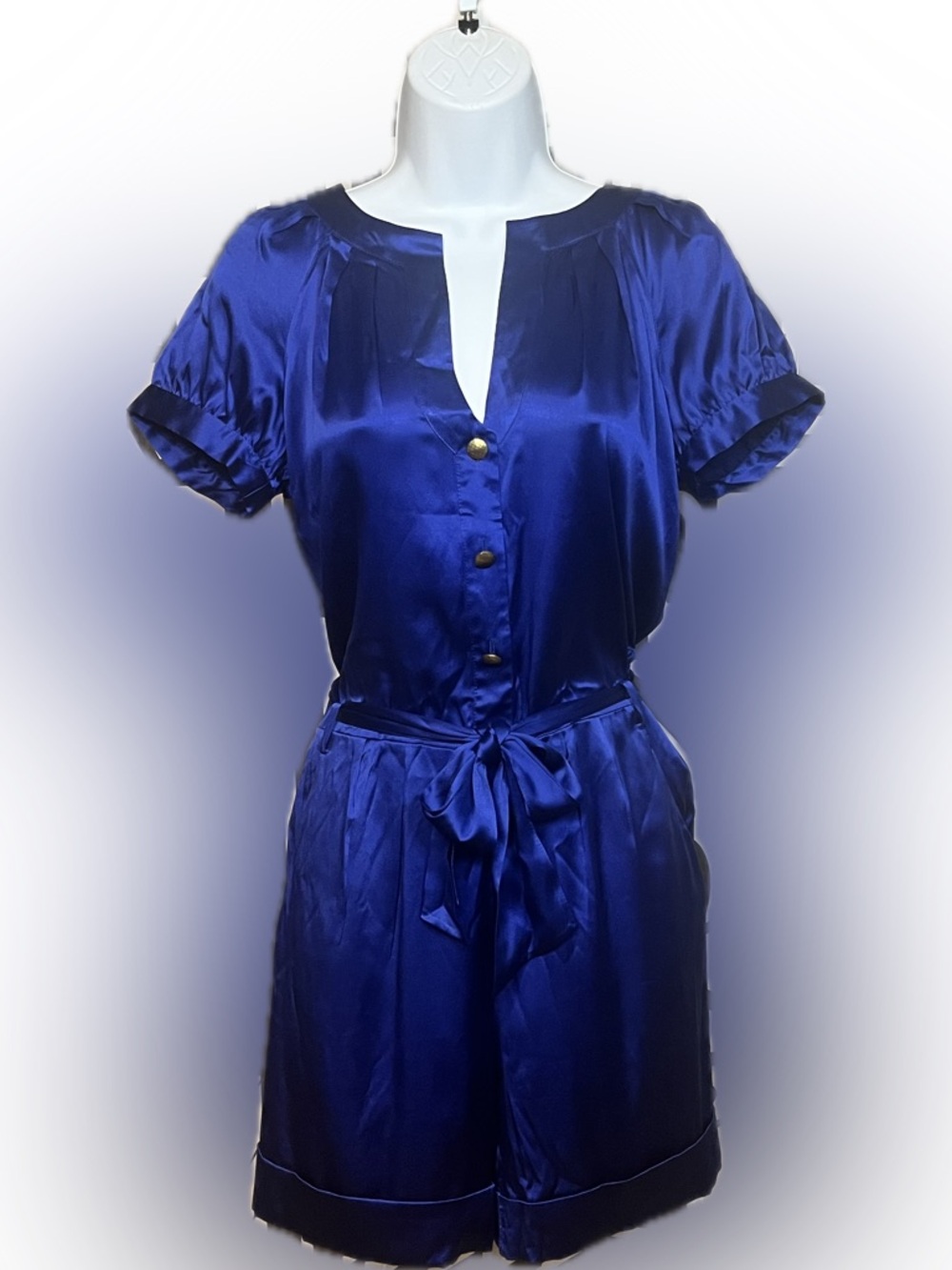 DVF Royal Blue Button-Front Silk Romper with Tie Waist and Gold Buttons Sz 6